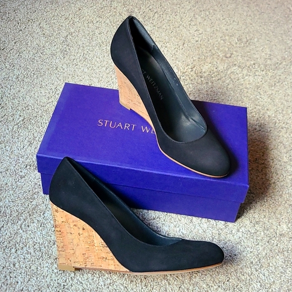 Stuart Weitzman Aloha Cork Wedge Black Nubuck Leather